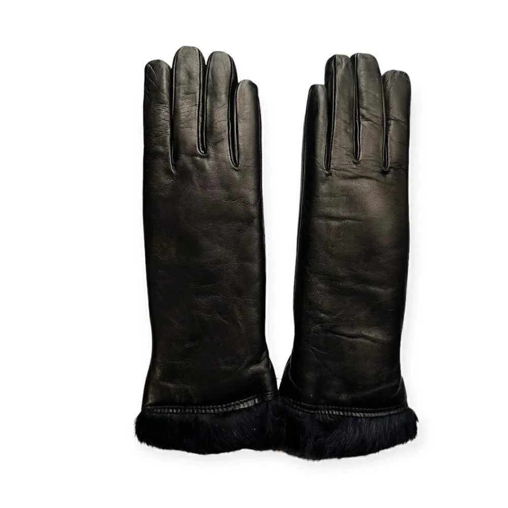 Sermoneta Gloves‎ Black Leather Rabbit Fur Lined Gloves size 7.5, NWT